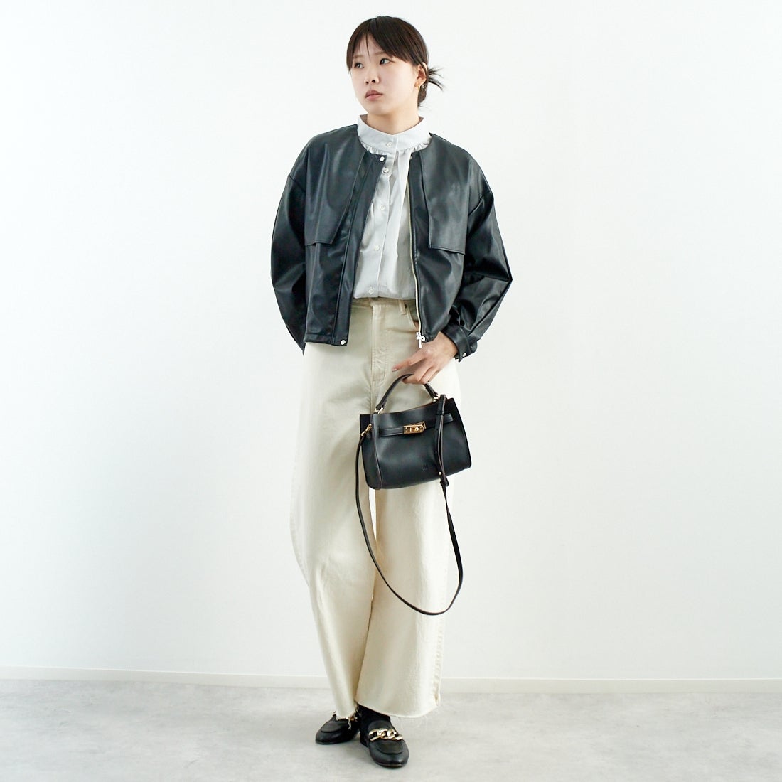 Jeans Factory Clothes [ジーンズファクトリークローズ] マットソフトフェイクレザーブルゾン [785024] 03 ﾌﾞﾗｯｸ &&モデル身長：167cm 着用サイズ：F&&