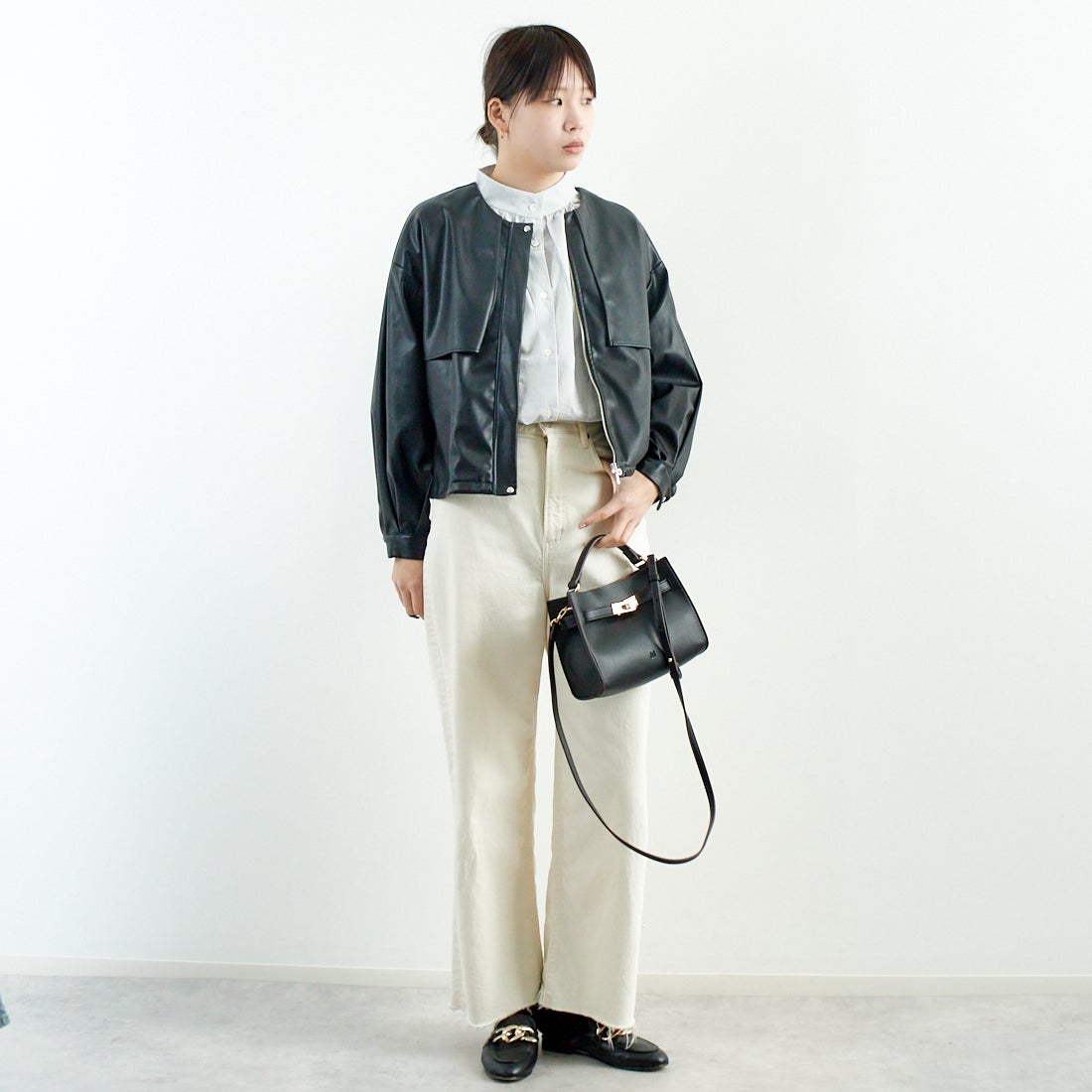 Jeans Factory Clothes [ジーンズファクトリークローズ] マットソフトフェイクレザーブルゾン [785024] 03 ﾌﾞﾗｯｸ &&モデル身長：167cm 着用サイズ：F&&