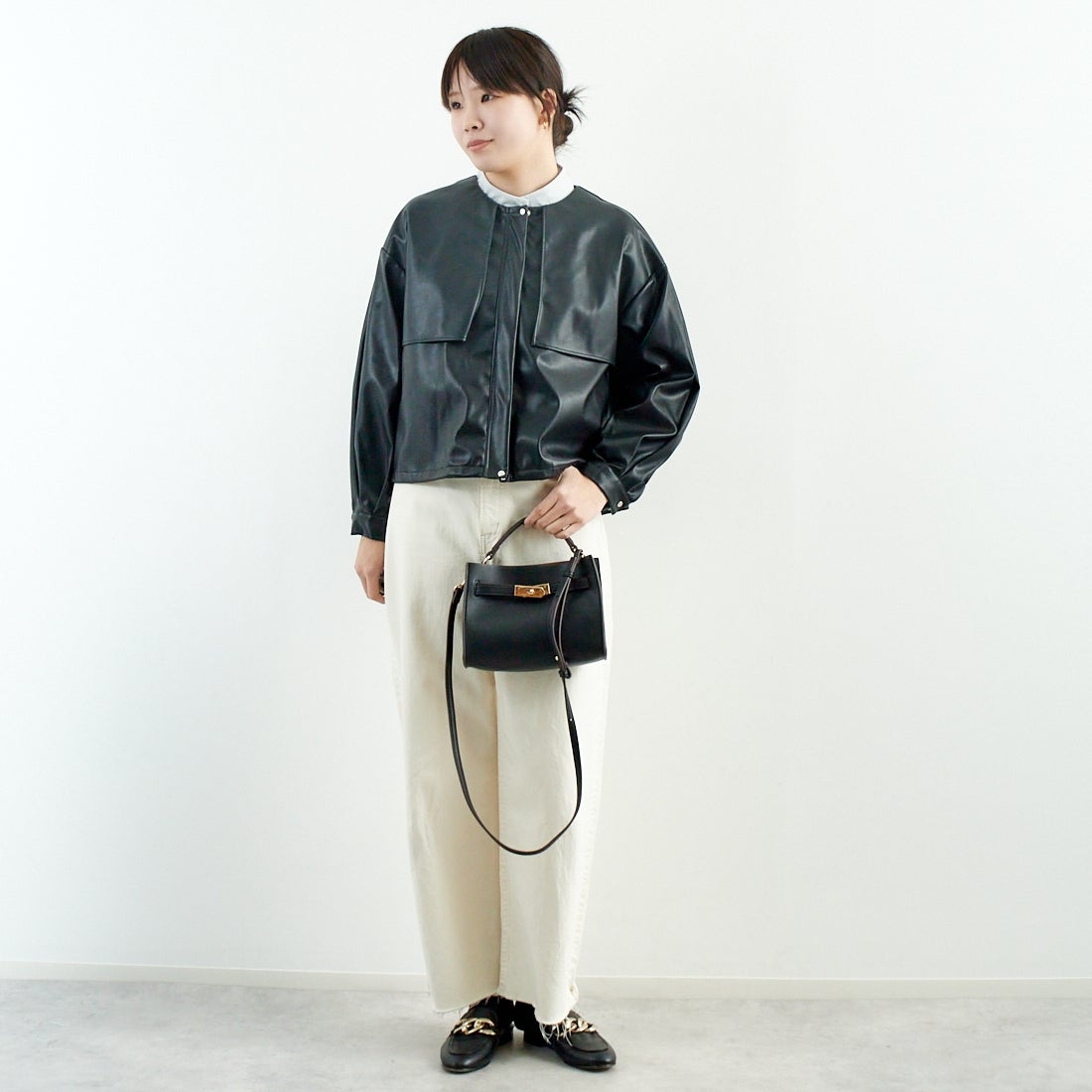 Jeans Factory Clothes [ジーンズファクトリークローズ] マットソフトフェイクレザーブルゾン [785024] 03 ﾌﾞﾗｯｸ &&モデル身長：167cm 着用サイズ：F&&