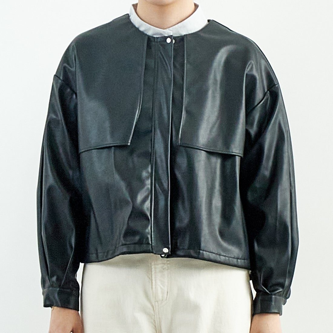 Jeans Factory Clothes [ジーンズファクトリークローズ] マットソフトフェイクレザーブルゾン [785024] 03 ﾌﾞﾗｯｸ &&モデル身長：167cm 着用サイズ：F&&