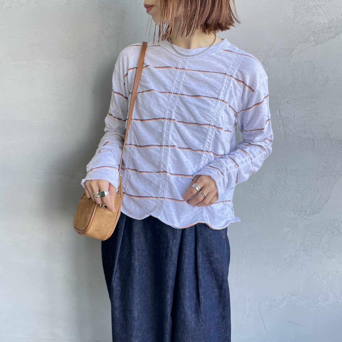 MEYAME [メヤメ] タックジャガードボーダープルオーバー [MEY-1829] H.GREY &&モデル身長：158cm 着用サイズ：F&&