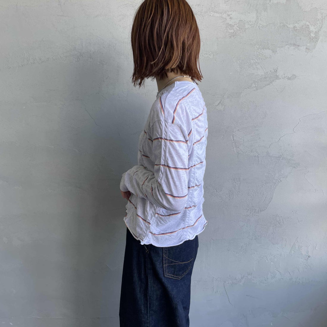 MEYAME [メヤメ] タックジャガードボーダープルオーバー [MEY-1829] H.GREY &&モデル身長：158cm 着用サイズ：F&&