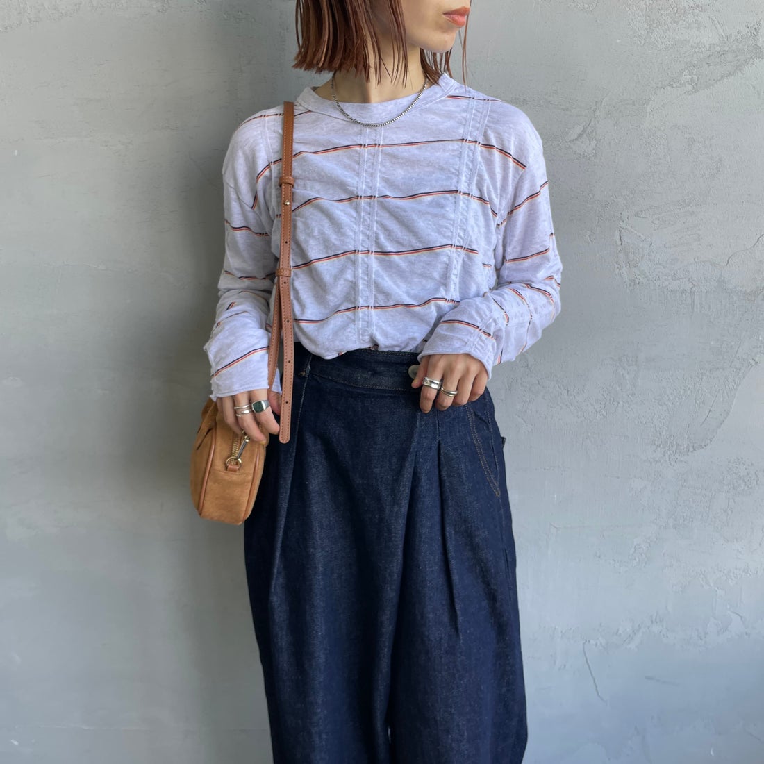 MEYAME [メヤメ] タックジャガードボーダープルオーバー [MEY-1829] H.GREY &&モデル身長：158cm 着用サイズ：F&&