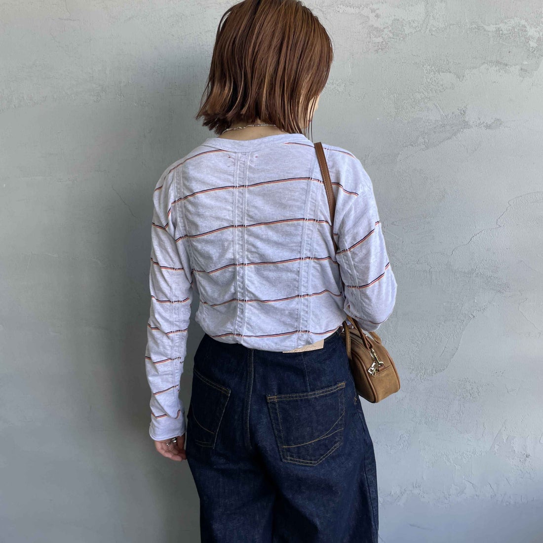 MEYAME [メヤメ] タックジャガードボーダープルオーバー [MEY-1829] H.GREY &&モデル身長：158cm 着用サイズ：F&&