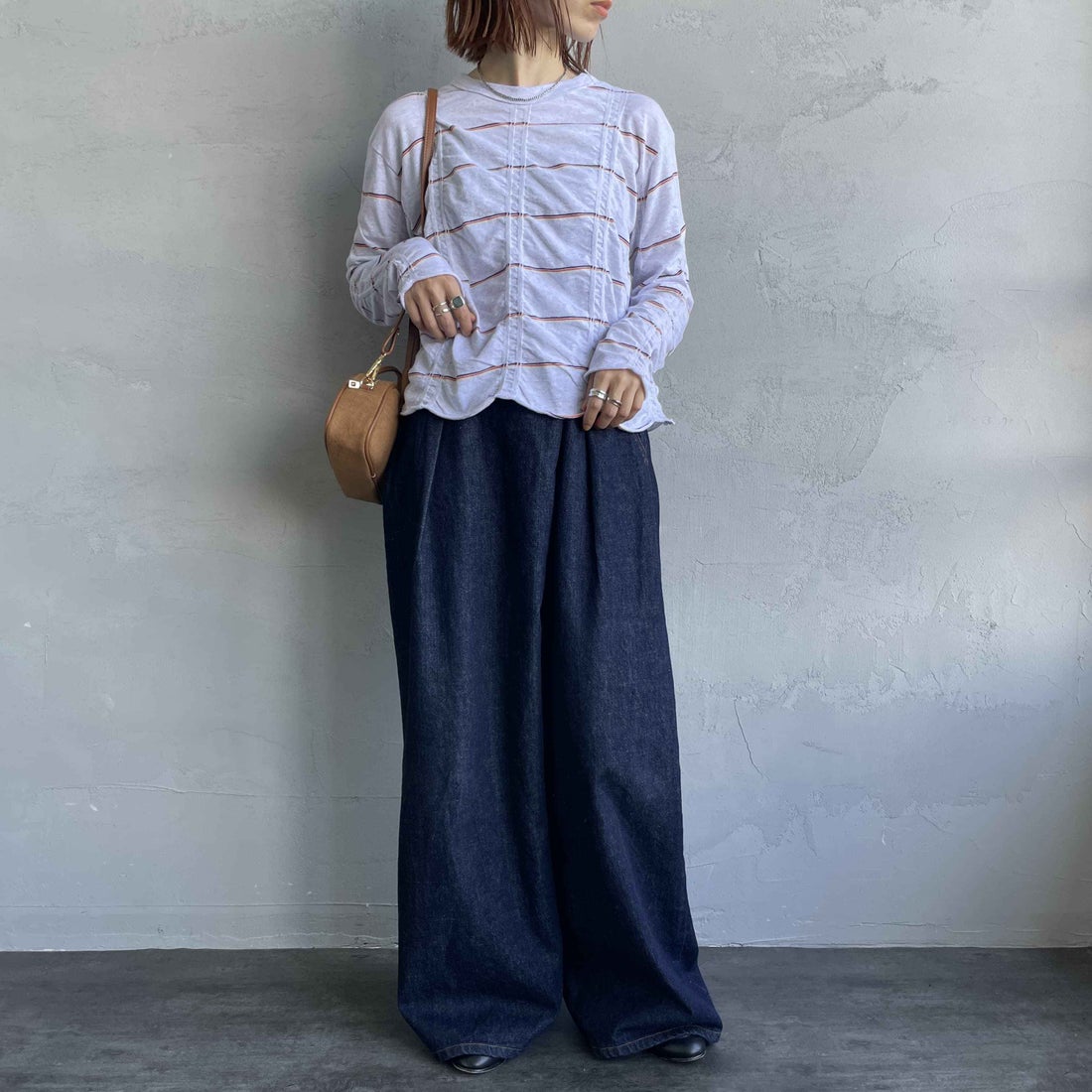 MEYAME [メヤメ] タックジャガードボーダープルオーバー [MEY-1829] H.GREY &&モデル身長：158cm 着用サイズ：F&&