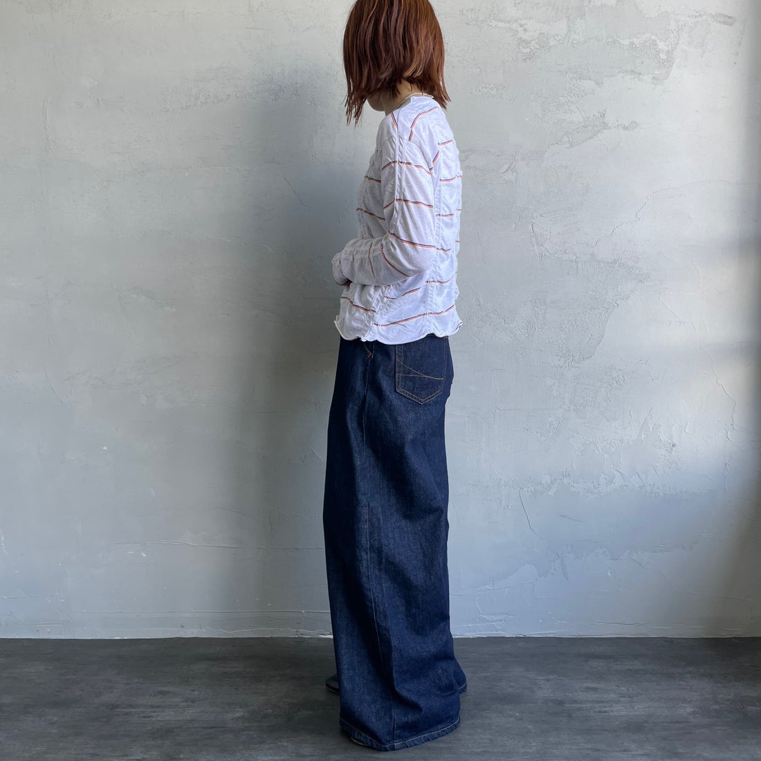 MEYAME [メヤメ] タックジャガードボーダープルオーバー [MEY-1829] H.GREY &&モデル身長：158cm 着用サイズ：F&&