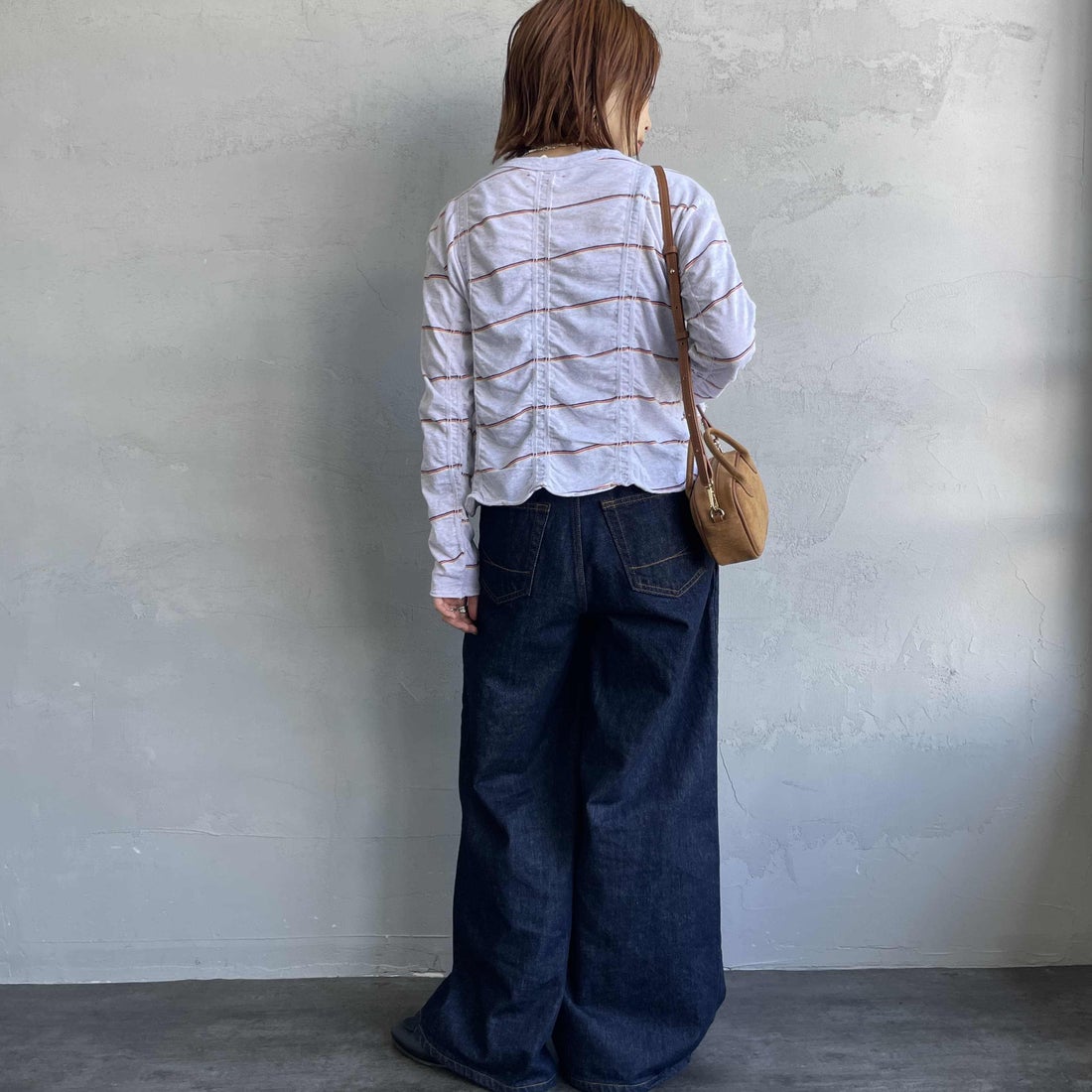 MEYAME [メヤメ] タックジャガードボーダープルオーバー [MEY-1829] H.GREY &&モデル身長：158cm 着用サイズ：F&&