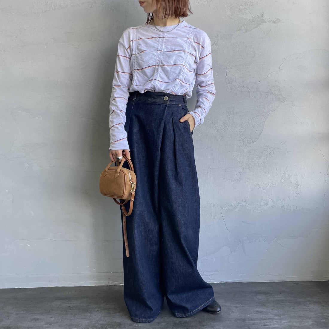 MEYAME [メヤメ] タックジャガードボーダープルオーバー [MEY-1829] H.GREY &&モデル身長：158cm 着用サイズ：F&&