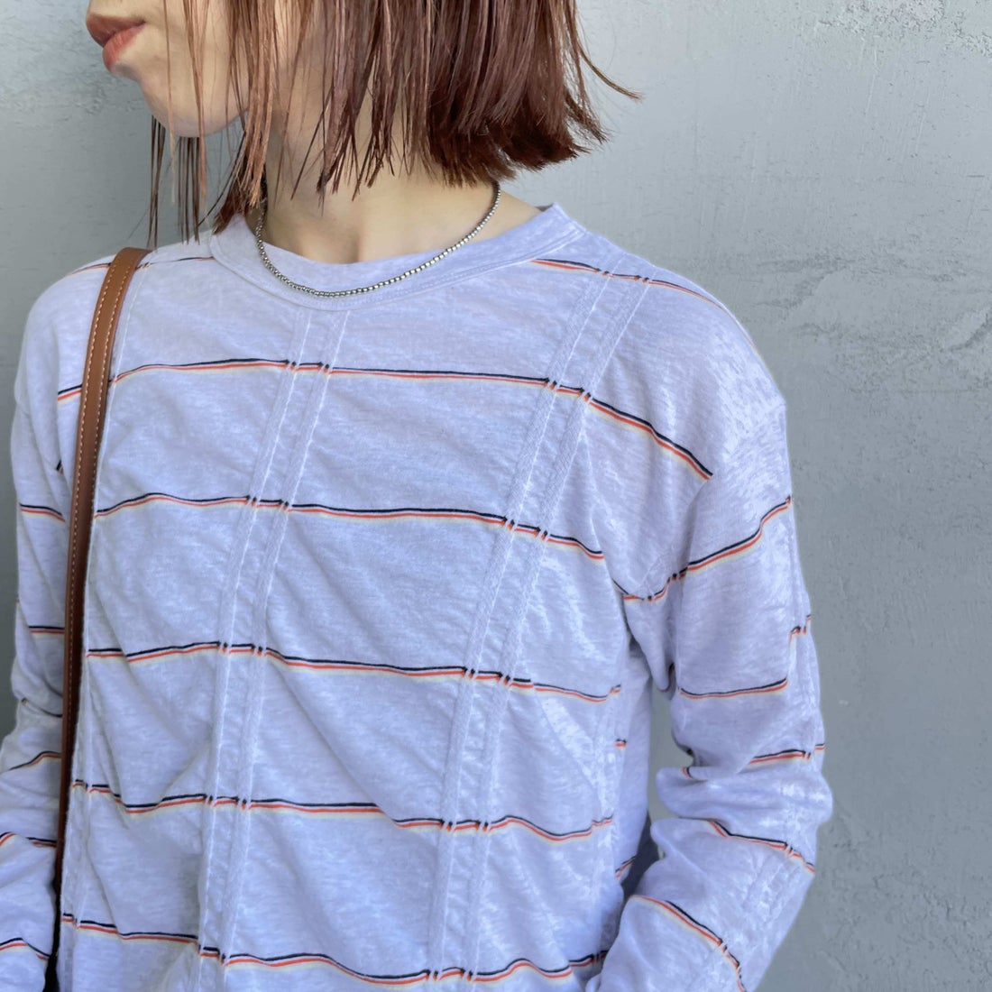 MEYAME [メヤメ] タックジャガードボーダープルオーバー [MEY-1829] H.GREY &&モデル身長：158cm 着用サイズ：F&&