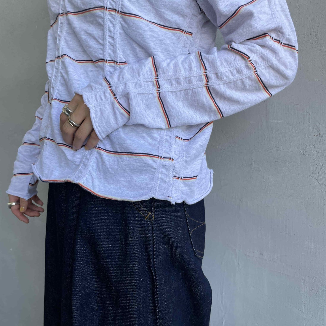 MEYAME [メヤメ] タックジャガードボーダープルオーバー [MEY-1829] H.GREY &&モデル身長：158cm 着用サイズ：F&&