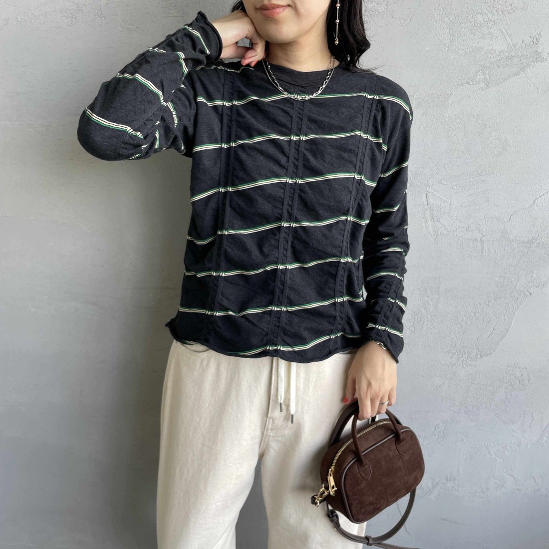 MEYAME [メヤメ] タックジャガードボーダープルオーバー [MEY-1829] BLACK &&モデル身長：160cm 着用サイズ：F&&