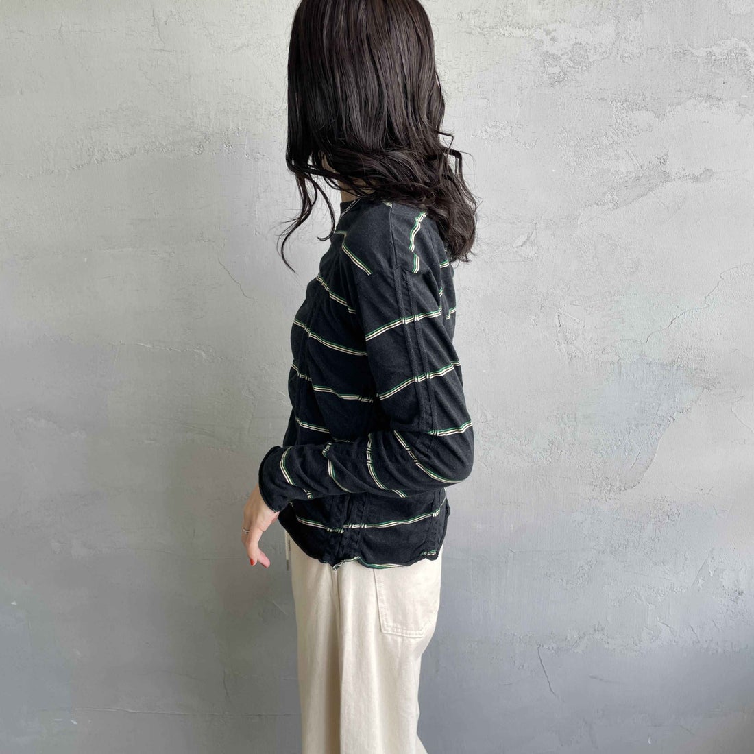 MEYAME [メヤメ] タックジャガードボーダープルオーバー [MEY-1829] BLACK &&モデル身長：160cm 着用サイズ：F&&