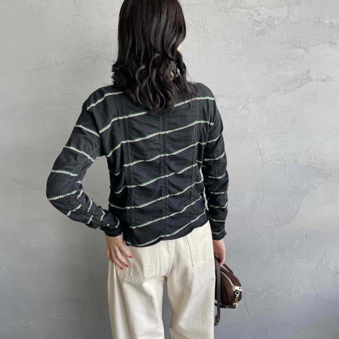 MEYAME [メヤメ] タックジャガードボーダープルオーバー [MEY-1829] BLACK &&モデル身長：160cm 着用サイズ：F&&