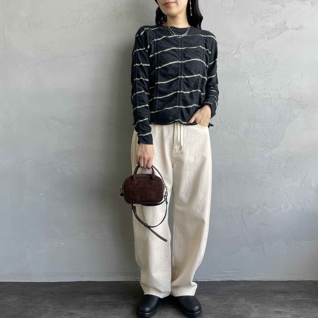 MEYAME [メヤメ] タックジャガードボーダープルオーバー [MEY-1829] BLACK &&モデル身長：160cm 着用サイズ：F&&