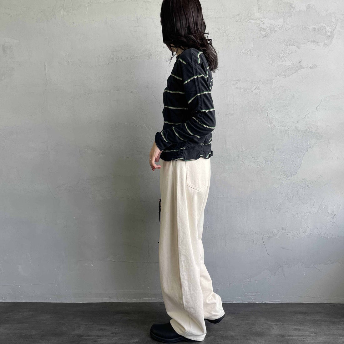 MEYAME [メヤメ] タックジャガードボーダープルオーバー [MEY-1829] BLACK &&モデル身長：160cm 着用サイズ：F&&