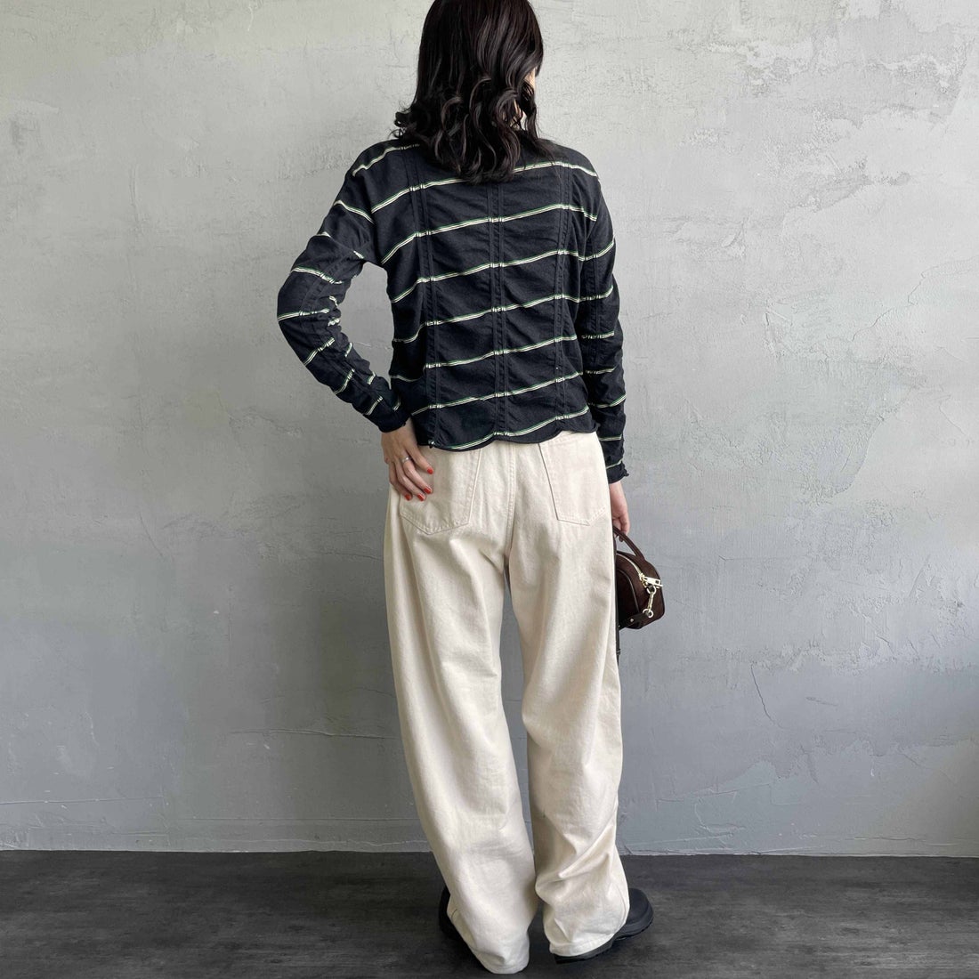 MEYAME [メヤメ] タックジャガードボーダープルオーバー [MEY-1829] BLACK &&モデル身長：160cm 着用サイズ：F&&