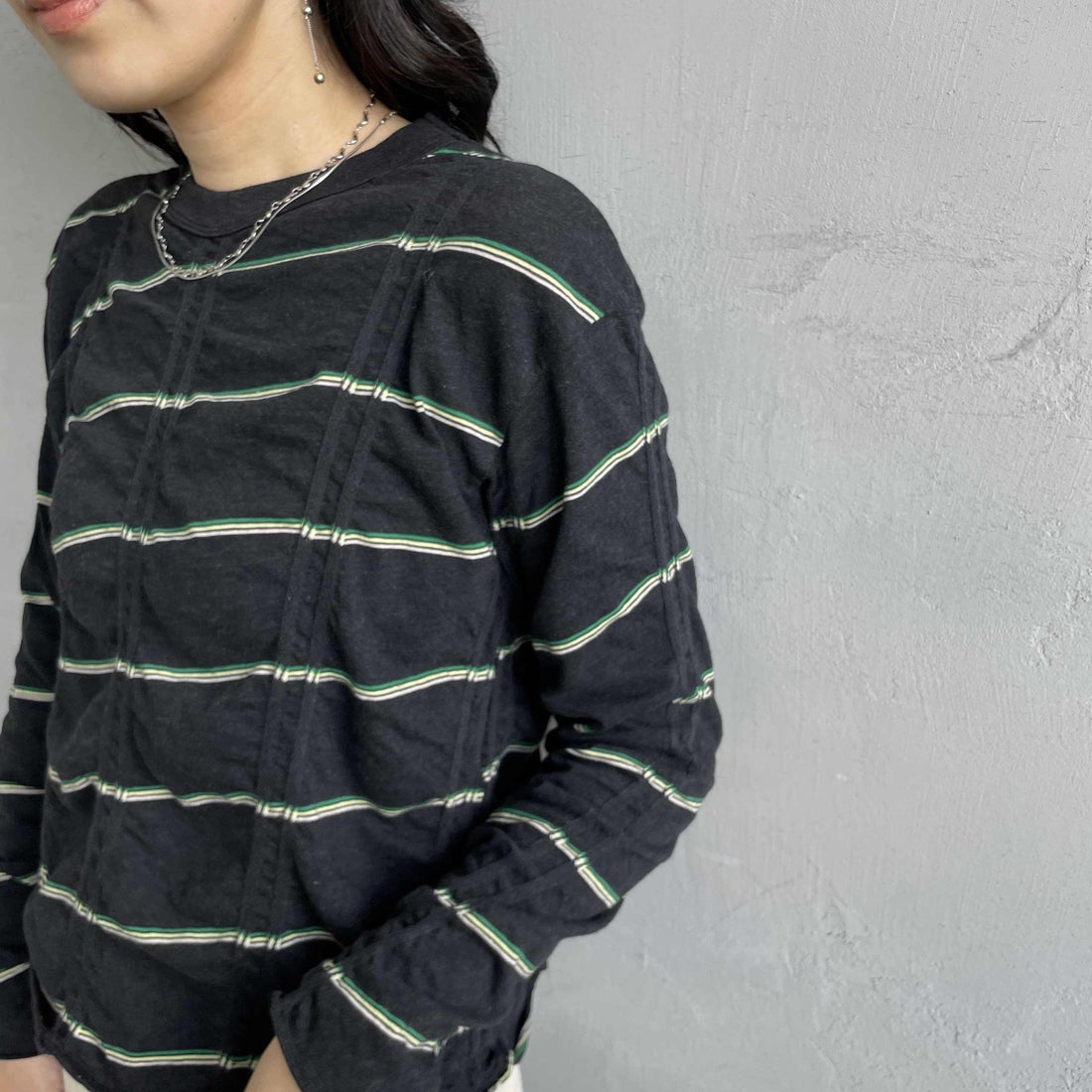 MEYAME [メヤメ] タックジャガードボーダープルオーバー [MEY-1829] BLACK &&モデル身長：160cm 着用サイズ：F&&