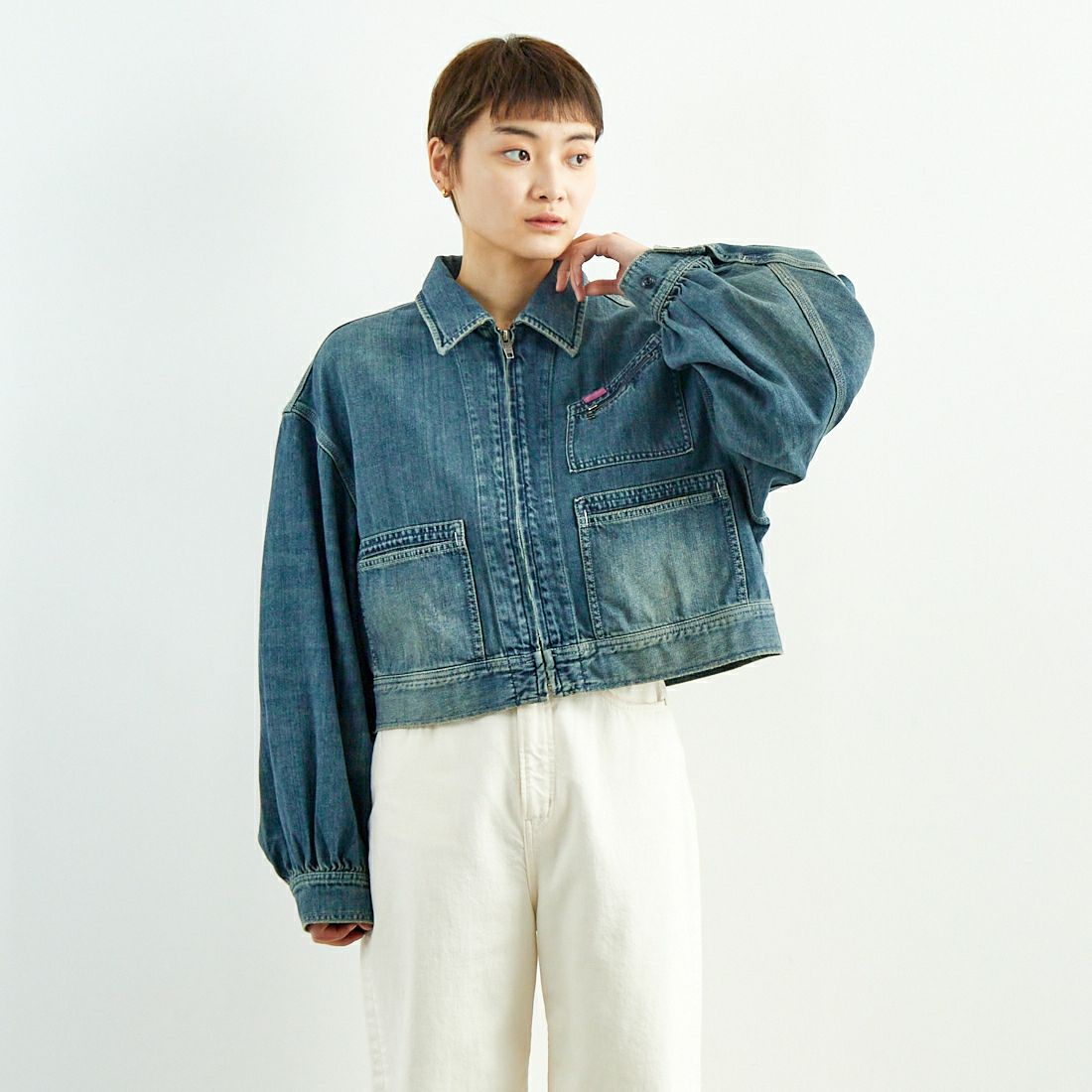 RhodolirioN [ロドリリオン] ジップアップデニムワークジャケット [QT1036] INDIGO &&モデル身長：160cm 着用サイズ：1&&