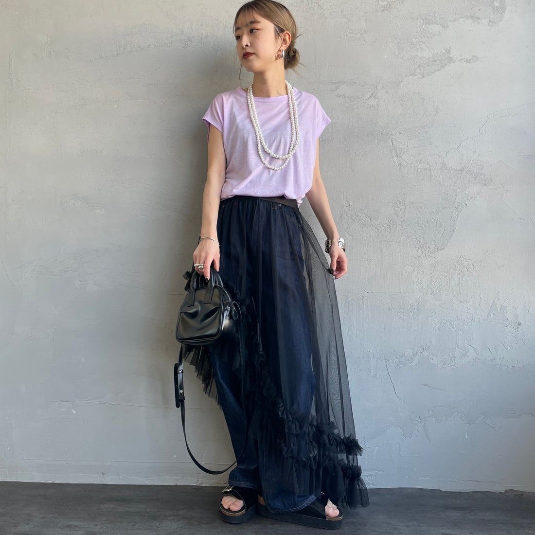 me. [ミードット] 別注 配色ステッチノースリーブカットソー [ME-25200-JF] LAVENDER &&モデル身長：150cm 着用サイズ：F&&