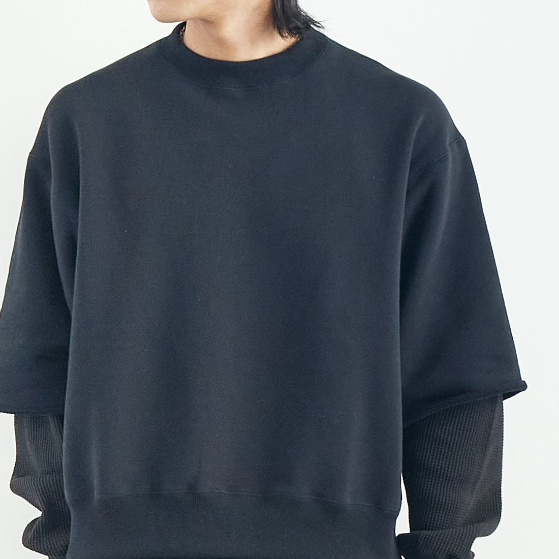 Name. [ネーム] レイヤードスリーブ スウェットシャツ [NMCU-043] BLACK &&モデル身長：179cm 着用サイズ：1&&