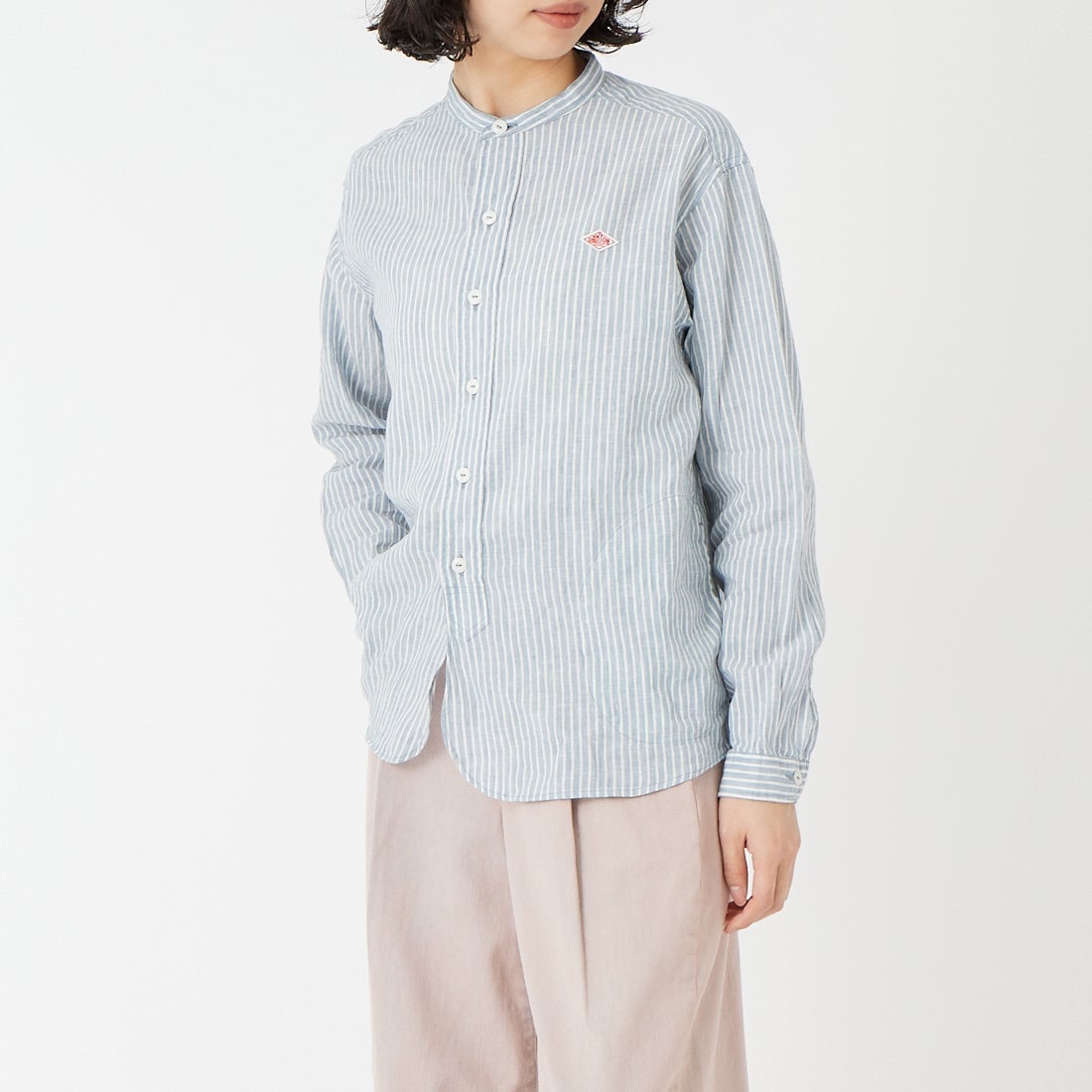 DANTON [ダントン] ストライプバンドカラーシャツ [DT-B0279LCT] BLU GRY ST &&モデル身長：162cm 着用サイズ：36&&