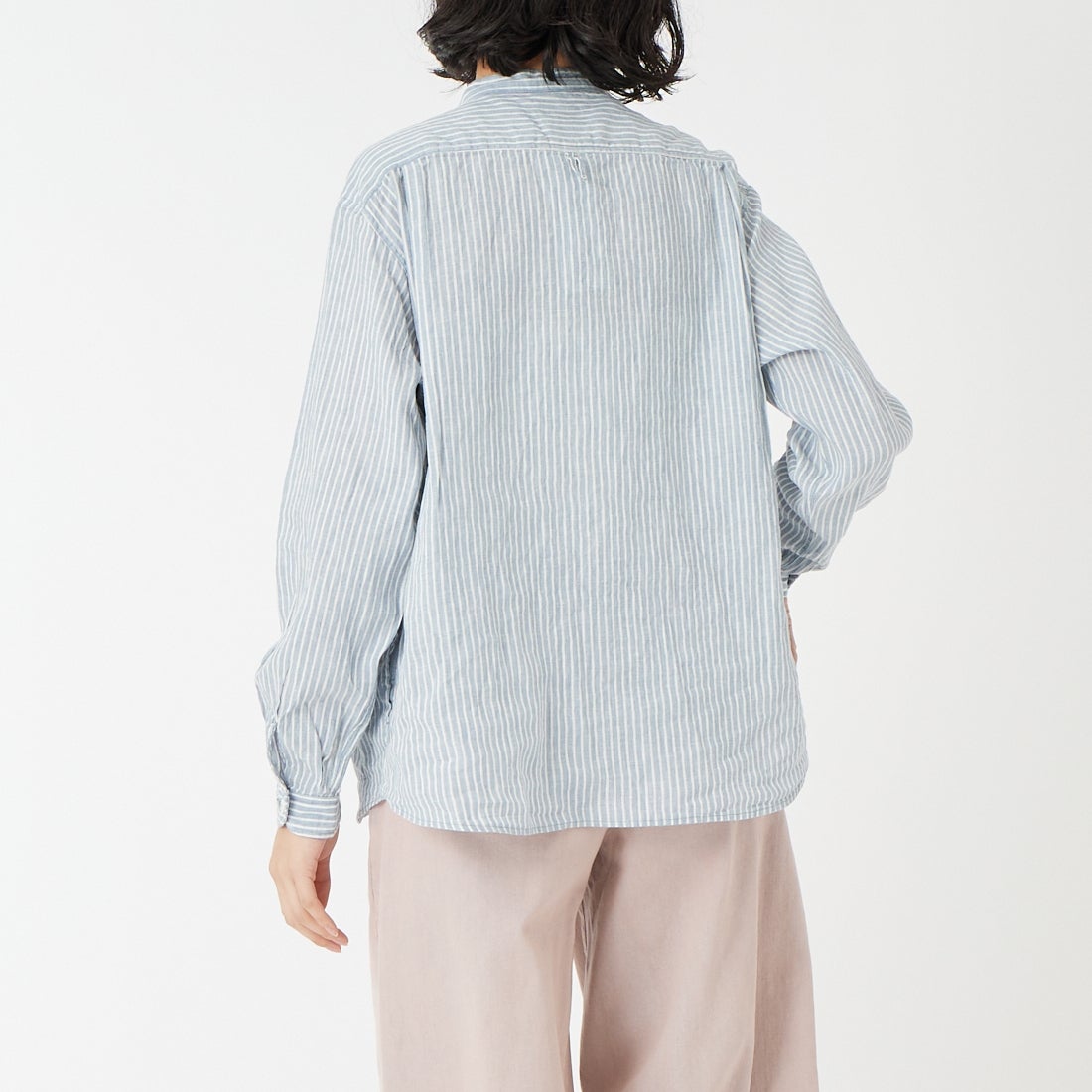 DANTON [ダントン] ストライプバンドカラーシャツ [DT-B0279LCT] BLU GRY ST &&モデル身長：162cm 着用サイズ：36&&