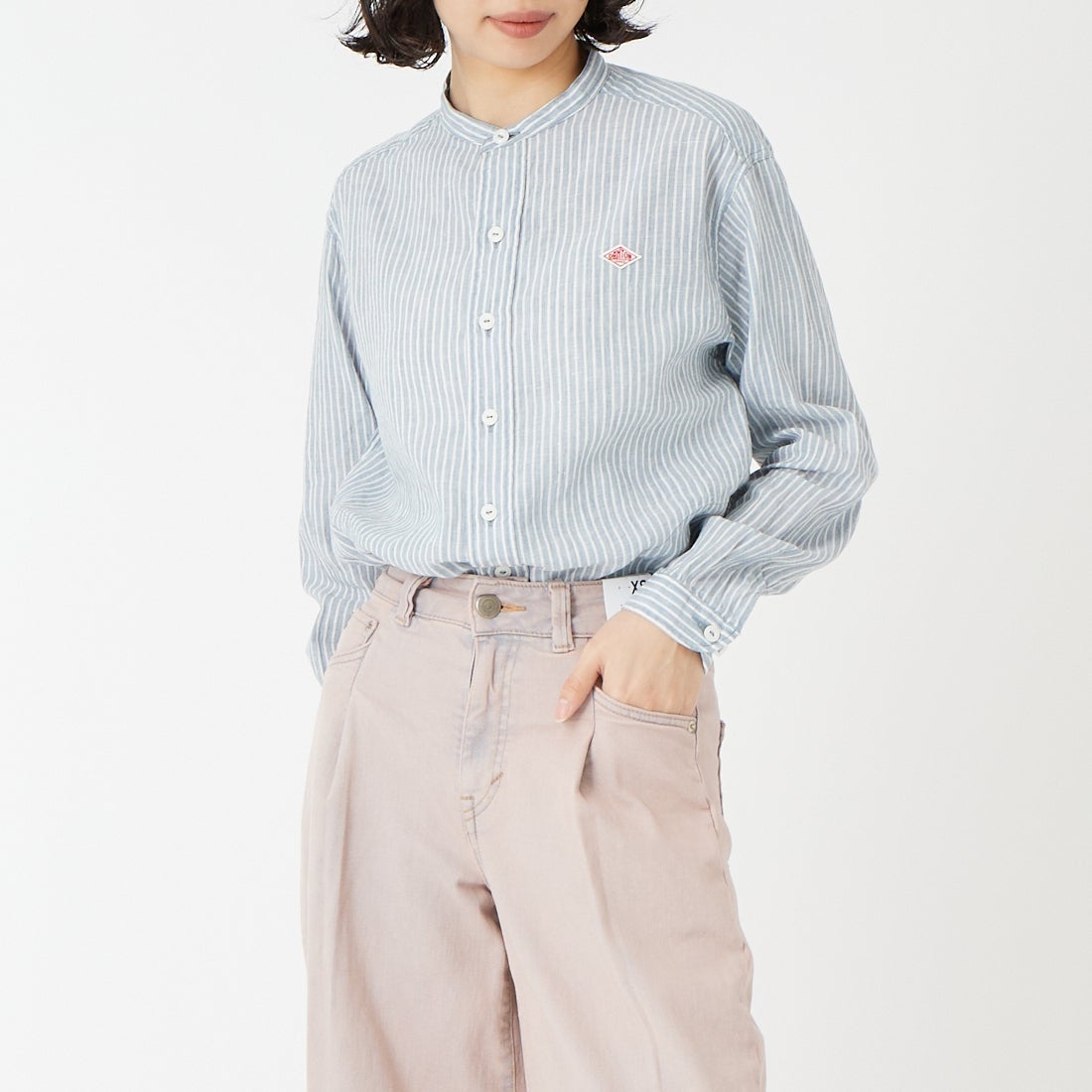 DANTON [ダントン] ストライプバンドカラーシャツ [DT-B0279LCT] BLU GRY ST &&モデル身長：162cm 着用サイズ：36&&