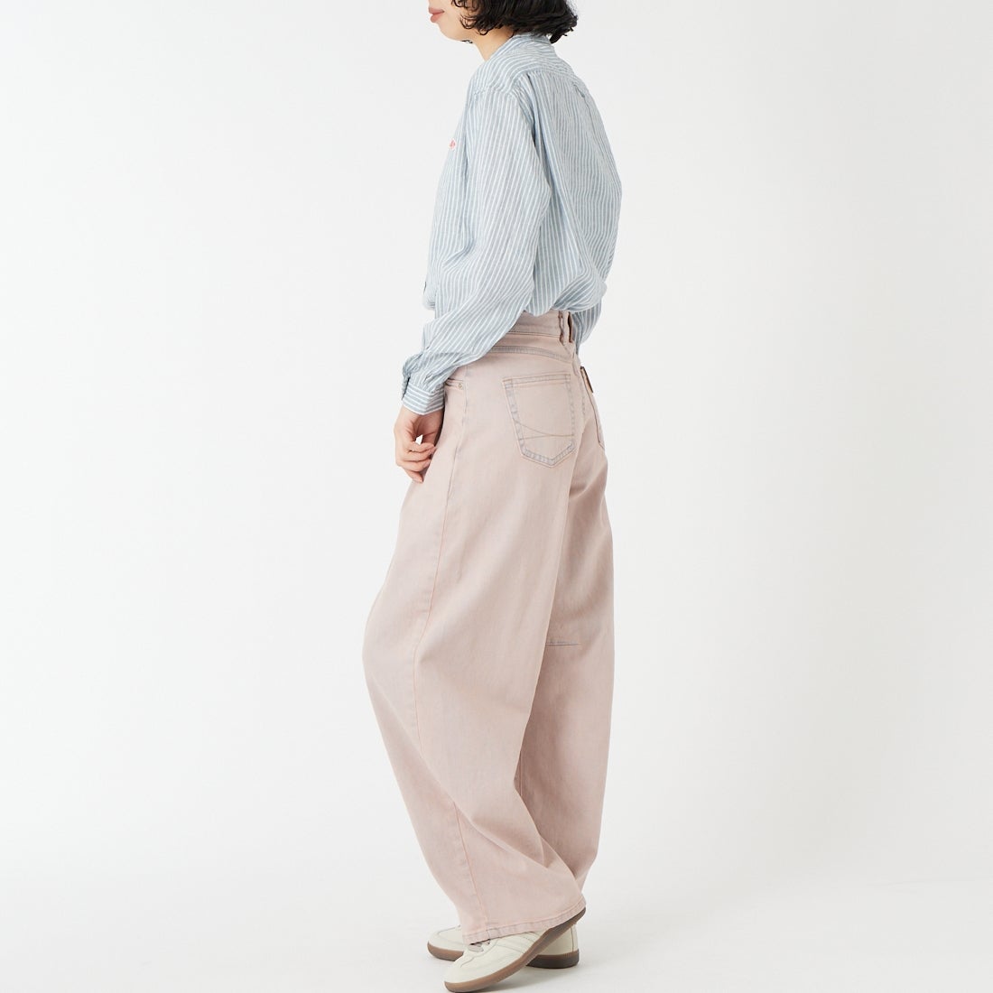 DANTON [ダントン] ストライプバンドカラーシャツ [DT-B0279LCT] BLU GRY ST &&モデル身長：162cm 着用サイズ：36&&