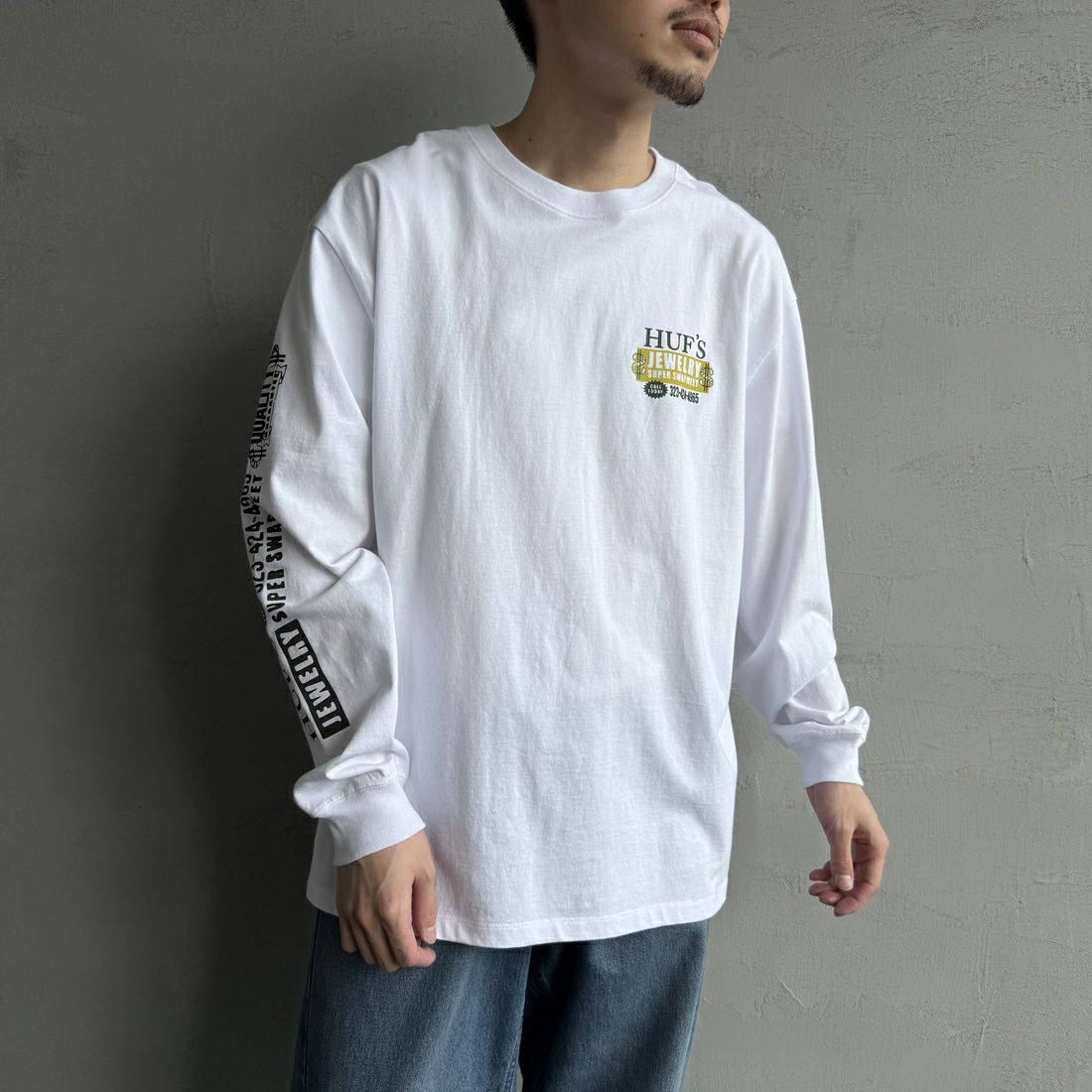 HUF [ハフ] 長袖Tシャツ [TS02392] WHITE &&モデル身長：168cm 着用サイズ：L&&
