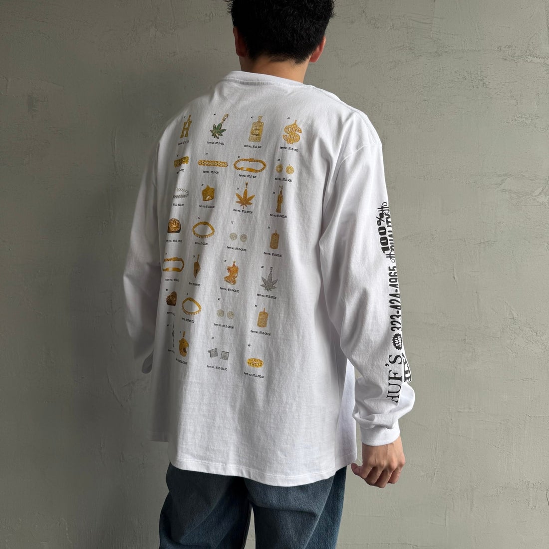HUF [ハフ] 長袖Tシャツ [TS02392] WHITE &&モデル身長：168cm 着用サイズ：L&&