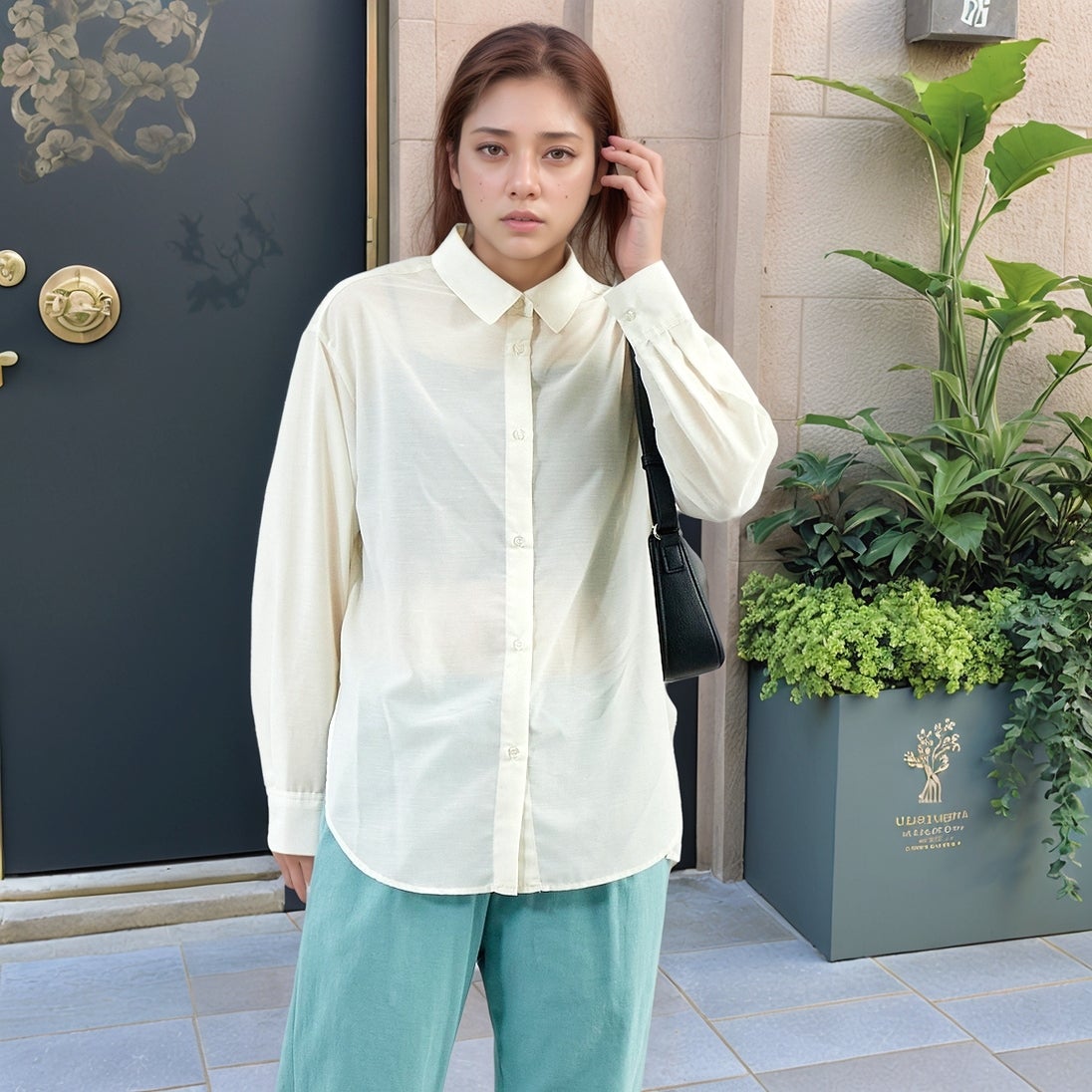 Jf Ready Made [ジェイエフレディメイド] ウシロプリーツ レギュラーシャツ [8859302-01] 59 ｱｲﾎﾞﾘｰ &&モデル身長：167cm 着用サイズ：F&&