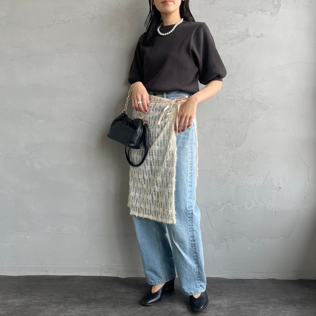 Americana [アメリカーナ] ヴィンテージリブ ショートスリーブTシャツ [BRF-749A] Dﾌﾞﾗｳﾝ &&モデル身長：160cm 着用サイズ：ONE SIZE&&