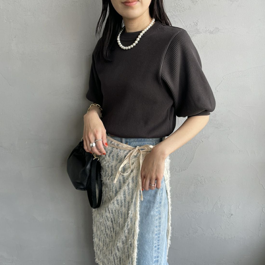 Americana [アメリカーナ] ヴィンテージリブ ショートスリーブTシャツ [BRF-749A] Dﾌﾞﾗｳﾝ &&モデル身長：160cm 着用サイズ：ONE SIZE&&