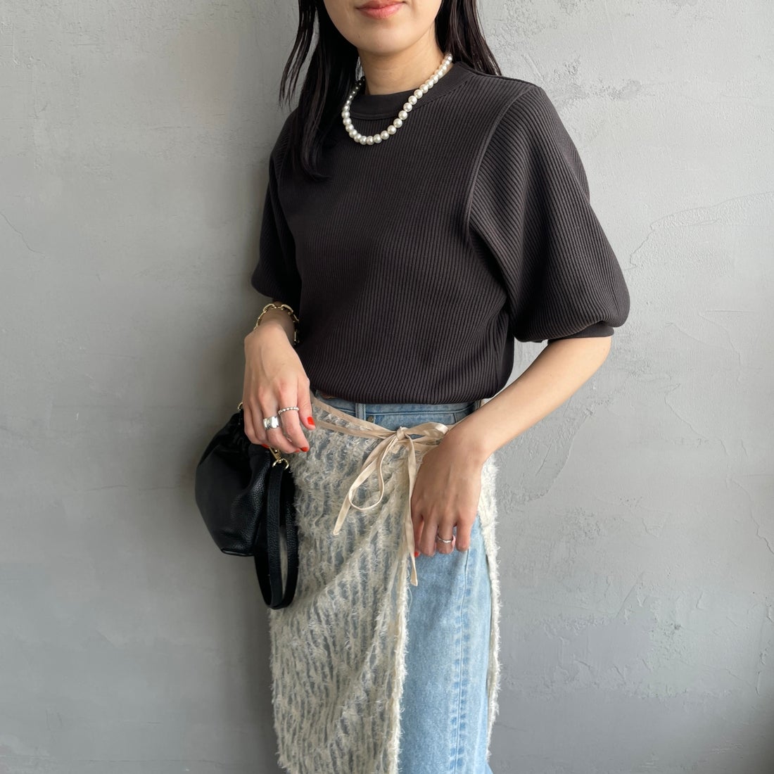 Americana [アメリカーナ] ヴィンテージリブ ショートスリーブTシャツ [BRF-749A] Dﾌﾞﾗｳﾝ &&モデル身長：160cm 着用サイズ：ONE SIZE&&