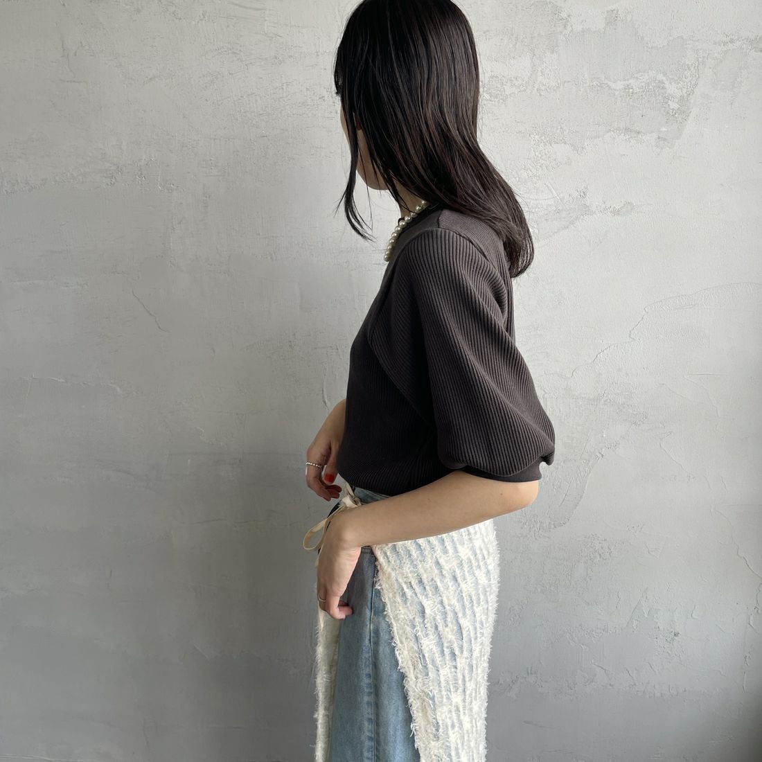 Americana [アメリカーナ] ヴィンテージリブ ショートスリーブTシャツ [BRF-749A] Dﾌﾞﾗｳﾝ &&モデル身長：160cm 着用サイズ：ONE SIZE&&