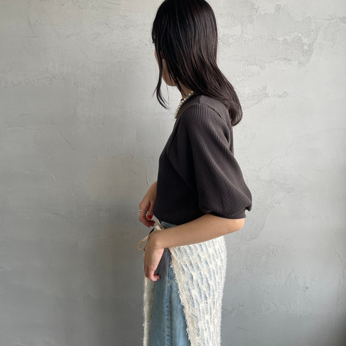 Americana [アメリカーナ] ヴィンテージリブ ショートスリーブTシャツ [BRF-749A] Dﾌﾞﾗｳﾝ &&モデル身長：160cm 着用サイズ：ONE SIZE&&