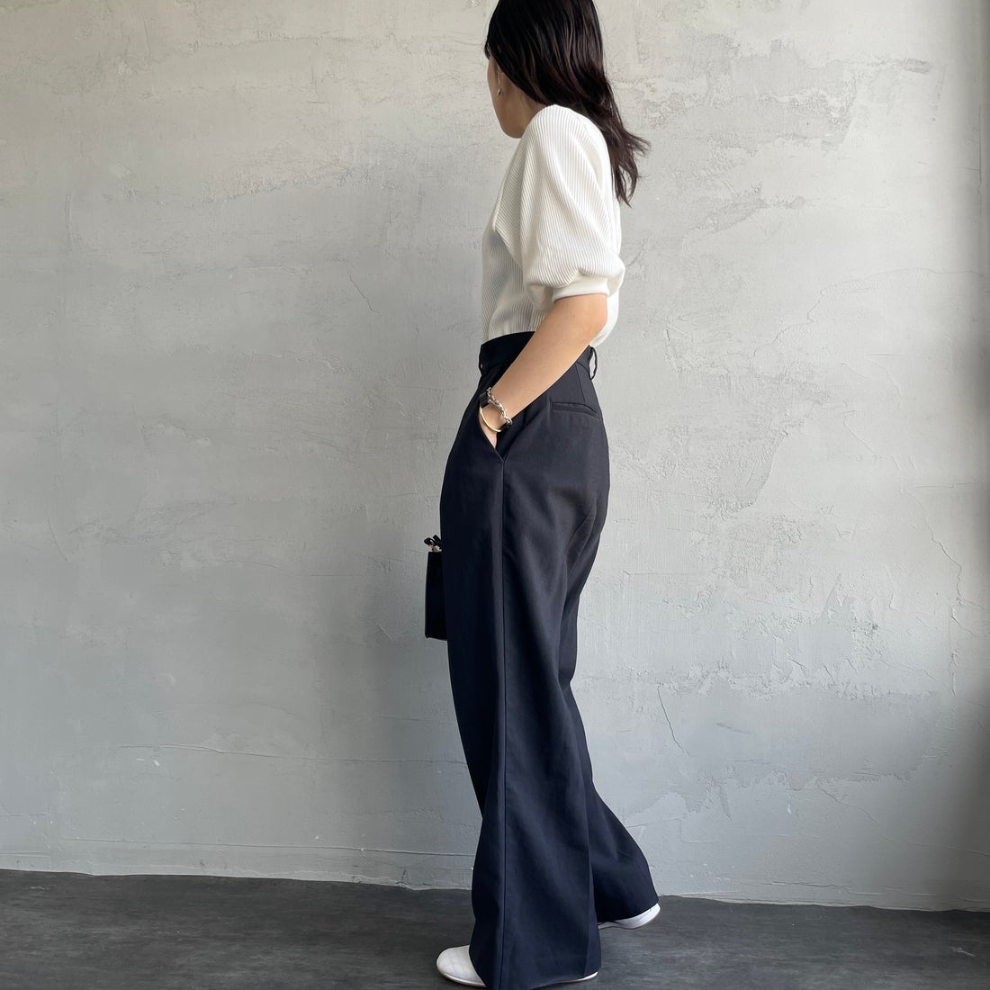 Americana [アメリカーナ] ヴィンテージリブ ショートスリーブTシャツ [BRF-749A] ｵﾌﾎﾜｲﾄ &&モデル身長：160cm 着用サイズ：ONE SIZE&&