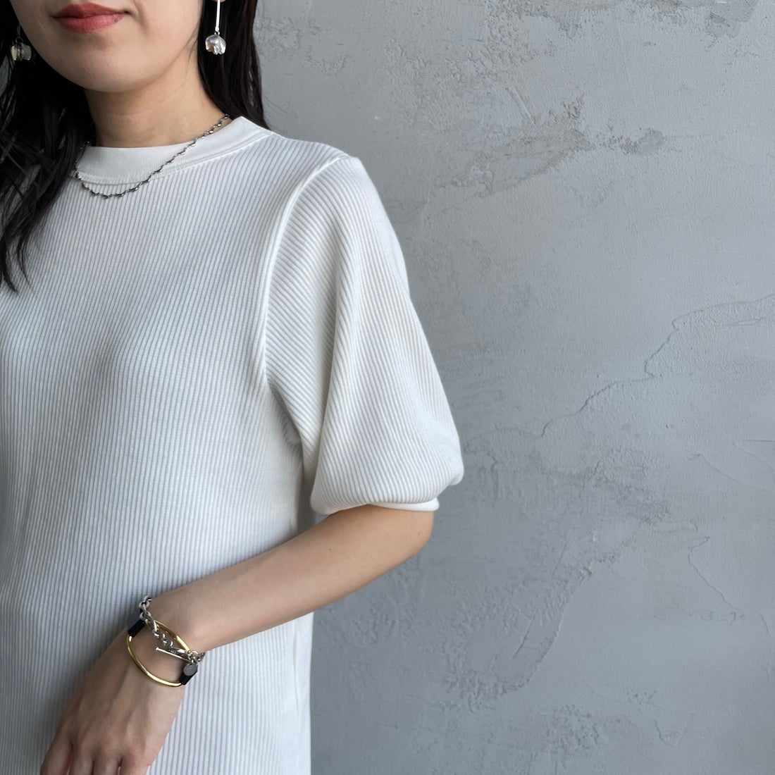 Americana [アメリカーナ] ヴィンテージリブ ショートスリーブTシャツ [BRF-749A] ｵﾌﾎﾜｲﾄ &&モデル身長：160cm 着用サイズ：ONE SIZE&&