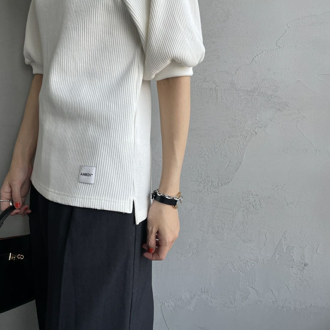 Americana [アメリカーナ] ヴィンテージリブ ショートスリーブTシャツ [BRF-749A] ｵﾌﾎﾜｲﾄ &&モデル身長：160cm 着用サイズ：ONE SIZE&&