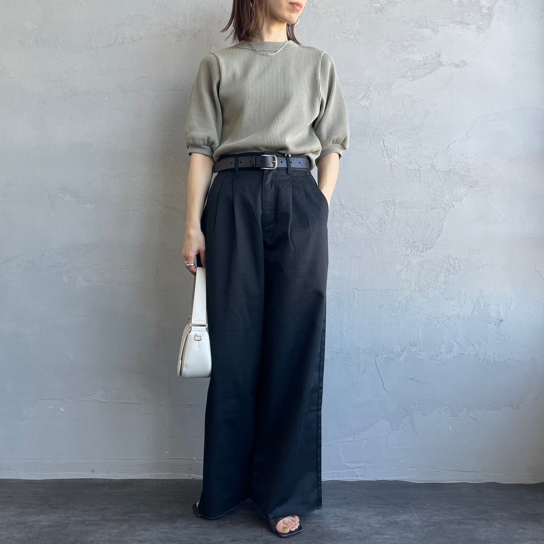 Americana [アメリカーナ] ヴィンテージリブ ショートスリーブTシャツ [BRF-749A] ｾｰｼﾞｸﾞﾘｰﾝ &&モデル身長：158cm 着用サイズ：ONE SIZE&&