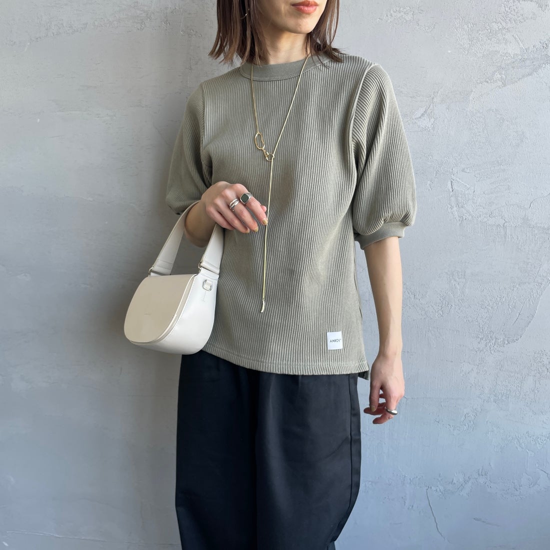 Americana [アメリカーナ] ヴィンテージリブ ショートスリーブTシャツ [BRF-749A] ｾｰｼﾞｸﾞﾘｰﾝ &&モデル身長：158cm 着用サイズ：ONE SIZE&&