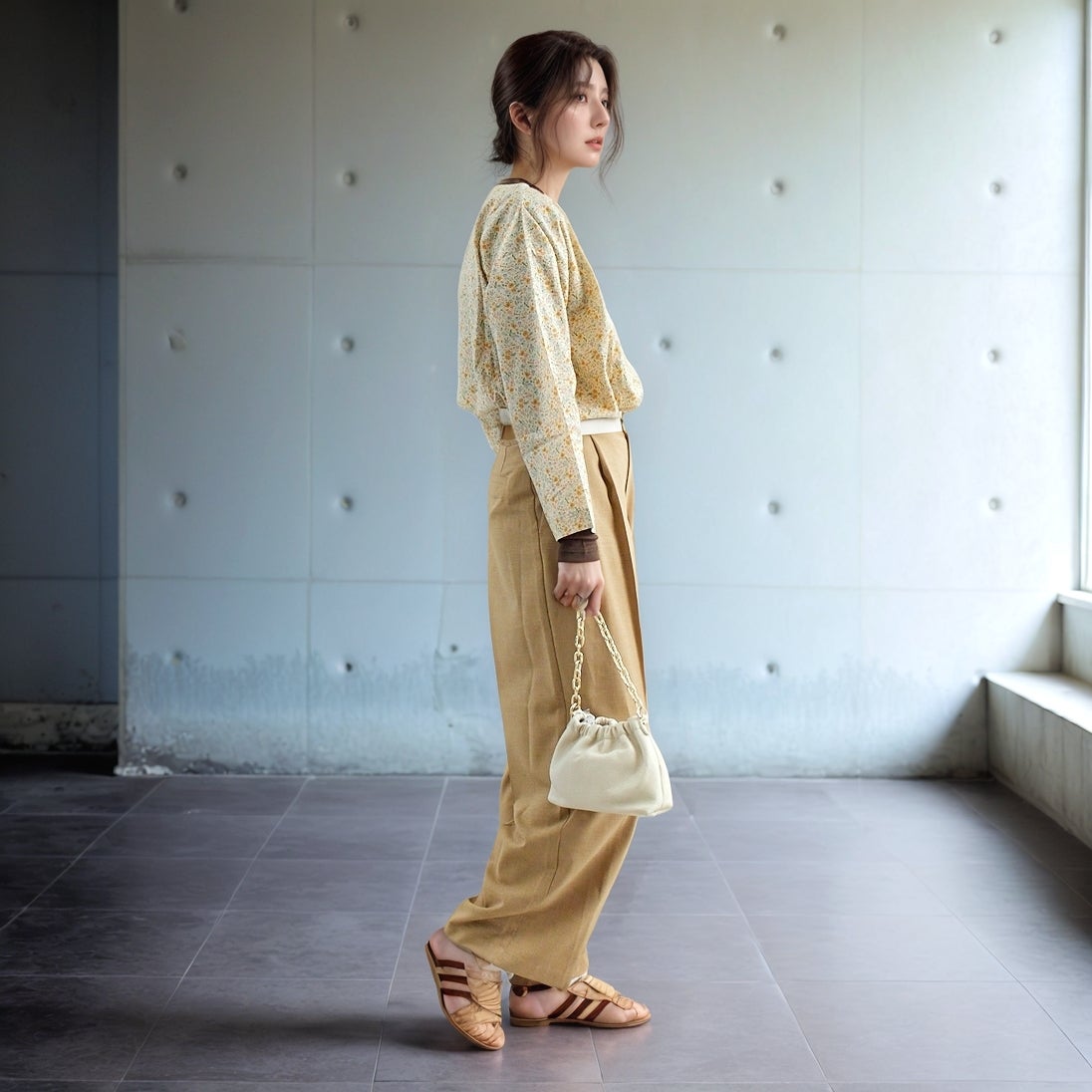 ARMEN [アーメン] コットンフラワープリント ユーティリティボートネックスモック [INAM2513FD] 9600 GYBE &&モデル身長：167cm 着用サイズ：2&&