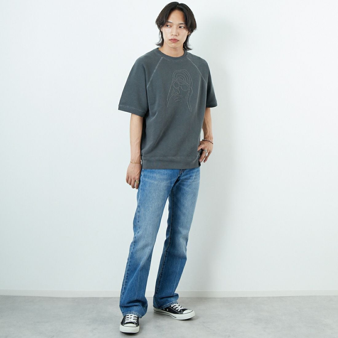 Noir Fabrik [ヌワールファブリック] ショートスリーブピグメントスウェットTシャツ [NF-252-029] SUMIKURO &&モデル身長：179cm 着用サイズ：L&&