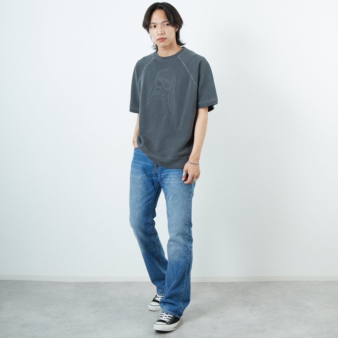 Noir Fabrik [ヌワールファブリック] ショートスリーブピグメントスウェットTシャツ [NF-252-029] SUMIKURO &&モデル身長：179cm 着用サイズ：L&&