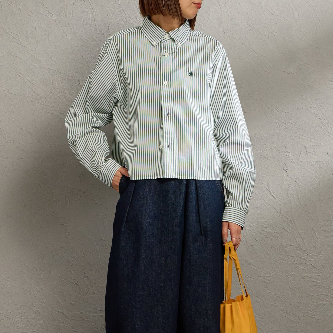 Gymphlex [ジムフレックス] ショートボタンダウンシャツ [GY-B0203MTS] GRN/WHT ST &&モデル身長：158cm 着用サイズ：12&&