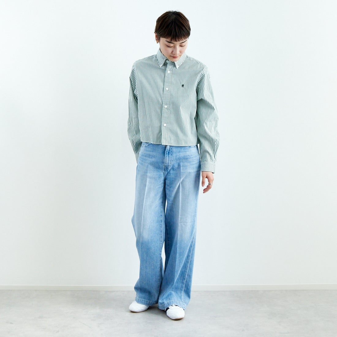 Gymphlex [ジムフレックス] ショートボタンダウンシャツ [GY-B0203MTS] GRN/WHT ST &&モデル身長：160cm 着用サイズ：12&&