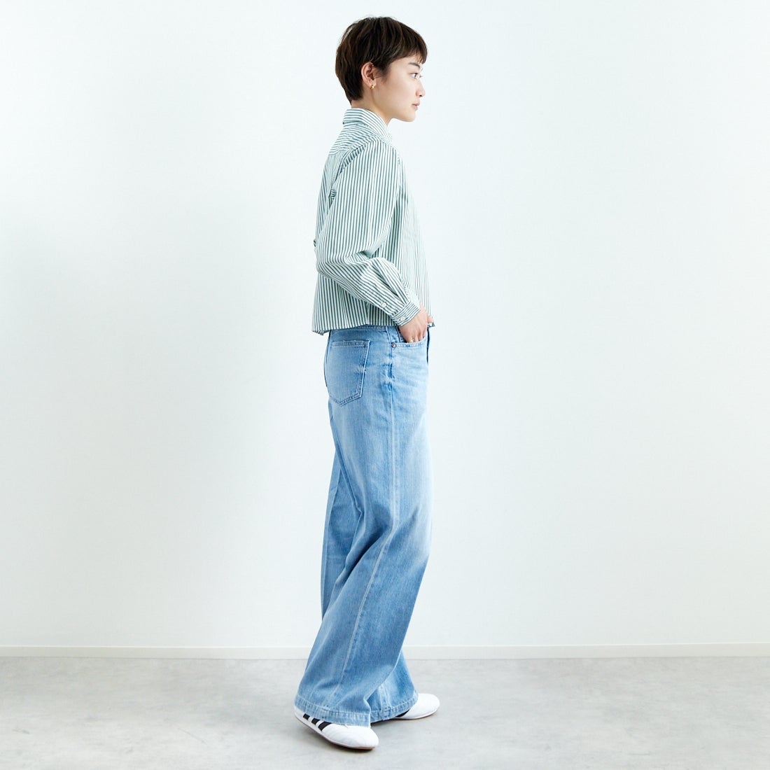 Gymphlex [ジムフレックス] ショートボタンダウンシャツ [GY-B0203MTS] GRN/WHT ST &&モデル身長：160cm 着用サイズ：12&&