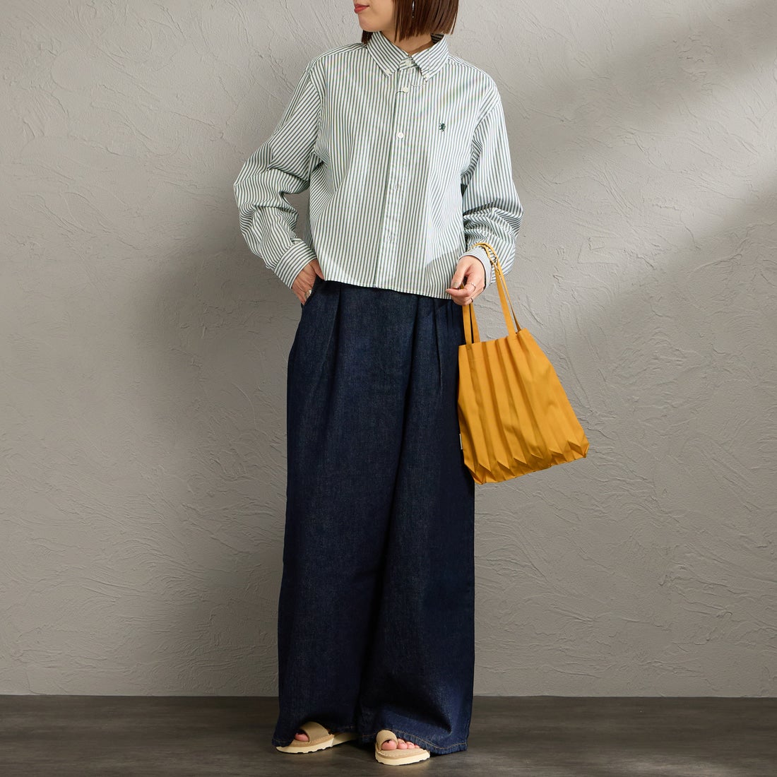 Gymphlex [ジムフレックス] ショートボタンダウンシャツ [GY-B0203MTS] GRN/WHT ST &&モデル身長：158cm 着用サイズ：12&&