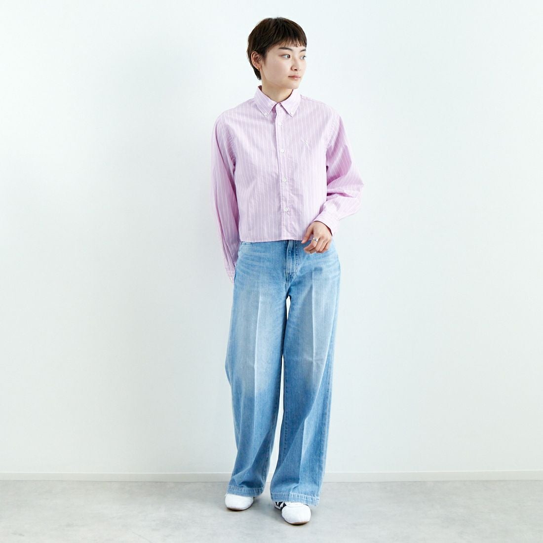 Gymphlex [ジムフレックス] ショートボタンダウンシャツ [GY-B0203CHS] PNK/WHT ST &&モデル身長：160cm 着用サイズ：12&&