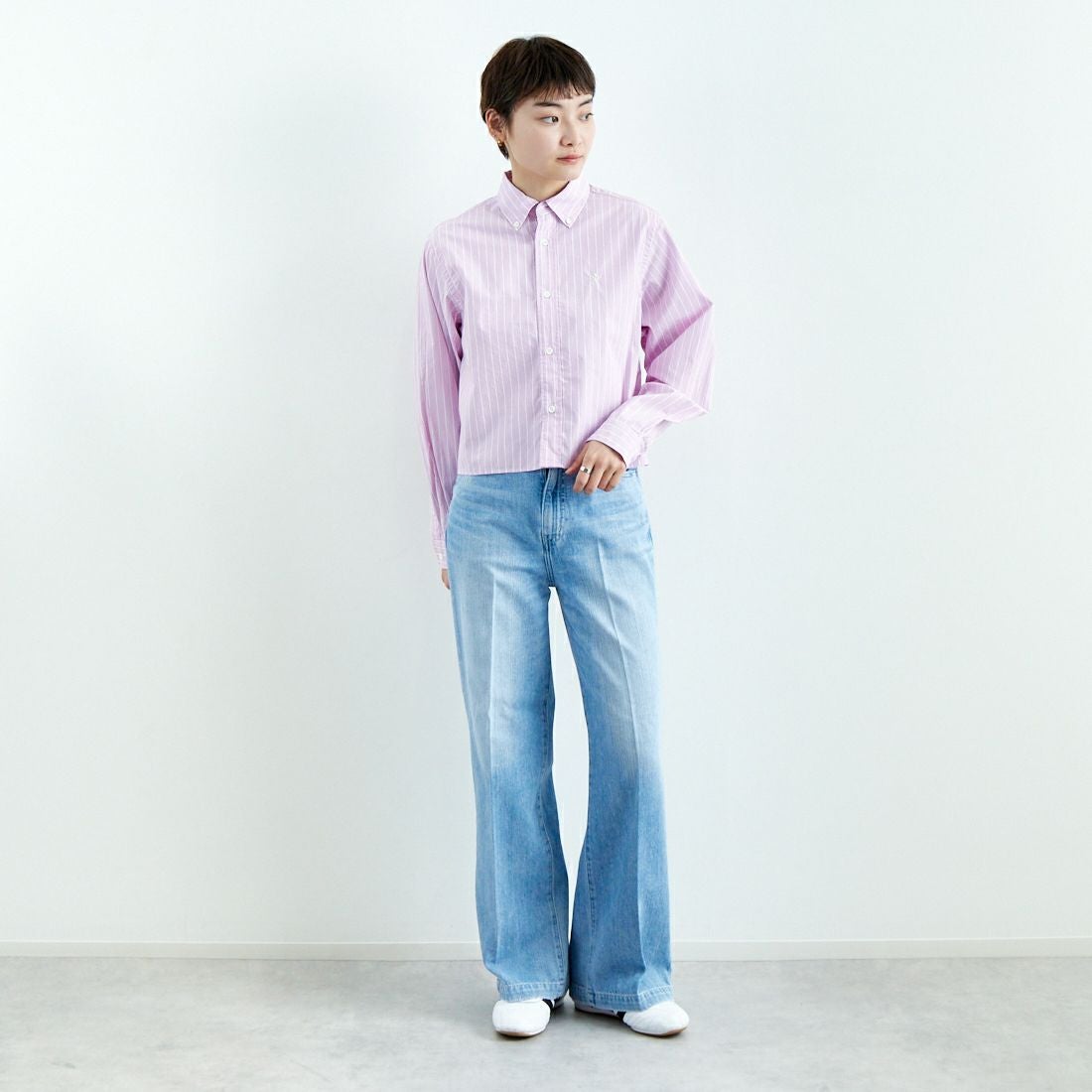 Gymphlex [ジムフレックス] ショートボタンダウンシャツ [GY-B0203CHS] PNK/WHT ST &&モデル身長：160cm 着用サイズ：12&&
